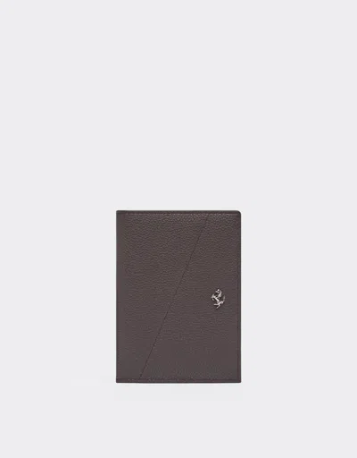 Ferrari Grained Leather Passport Holder In Dark Brown