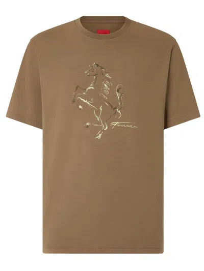 Ferrari Cotton T-shirt With Prancing Horse Print In Brown