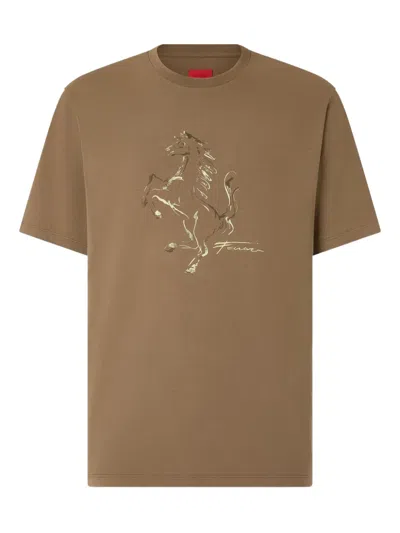 Ferrari Cotton T-shirt With Prancing Horse Print In Brown