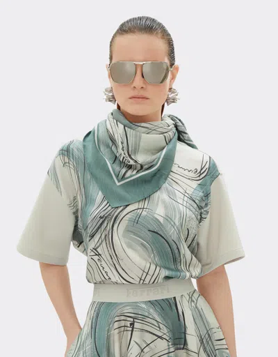 Ferrari Jacquard Silk Foulard With Brushed Print In Ecru