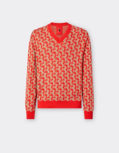 Ferrari Jumper In Silk And Cotton With Prancing Horse Pattern In Rosso Dino