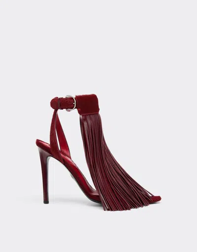 Ferrari Leather And Cowhide Sandals With Fringes In Burgundy