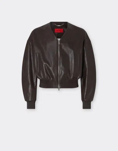 Ferrari Leather Bomber Jacket With V-neck In Dark Brown