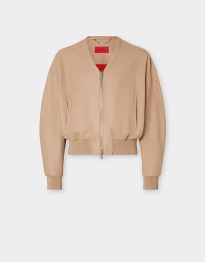 Ferrari Leather Bomber Jacket With Zip And V-neck In Dune