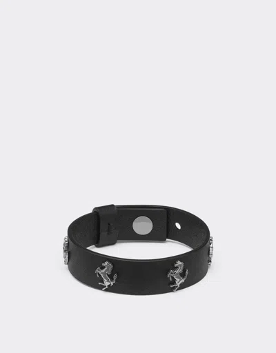 Ferrari Leather Bracelet With Metal Studs Featuring The Prancing Horse In Black