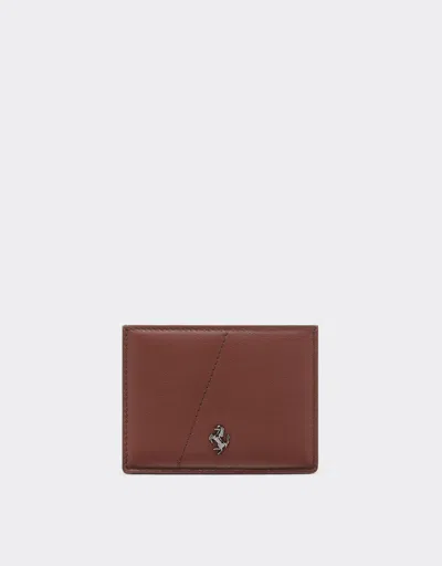 Ferrari Leather Card Case With Diagonal Stitching In Brown