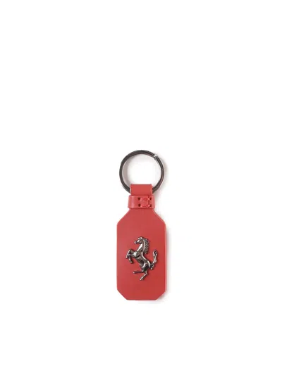 Ferrari Leather Key Ring With Metal Prancing Horse In Red