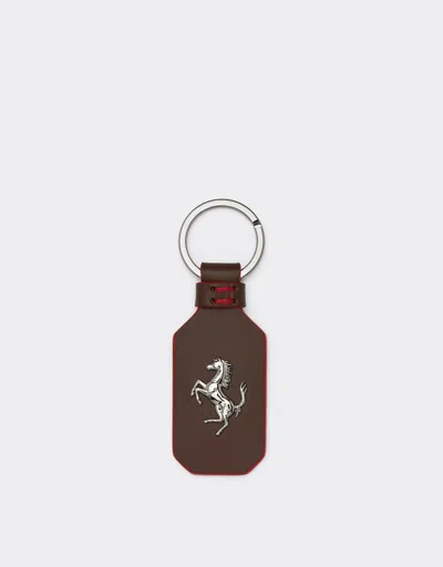Ferrari Leather Keyring With Prancing Horse In Rust