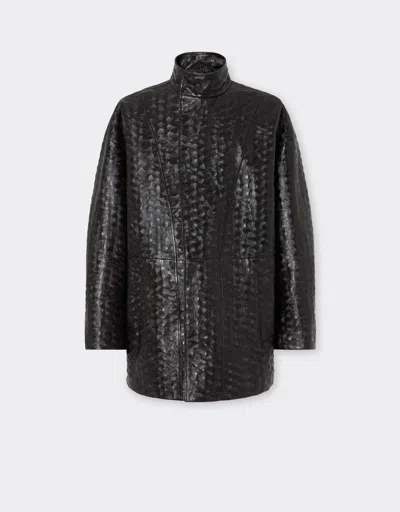 Ferrari Leather Pea Coat With Turtle Pattern In Dark Brown