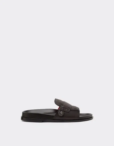 Ferrari Leather Slider With Prancing Horse In Brown