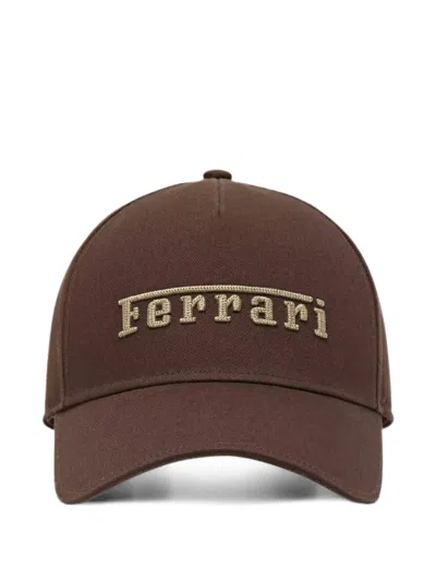 Ferrari Cotton Twill Baseball Cap With Embroidered Logo In Brown