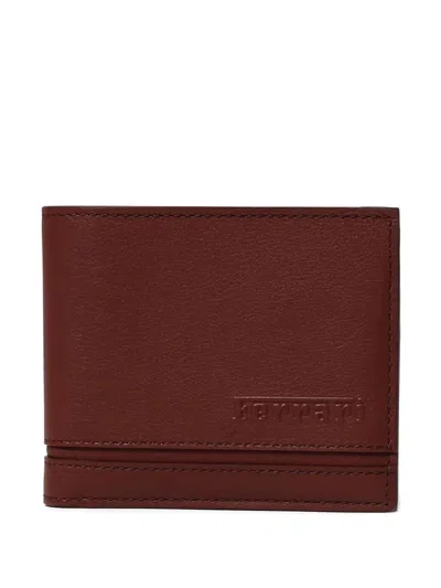 Ferrari Men Leather Wallet With Logo In Burgundy