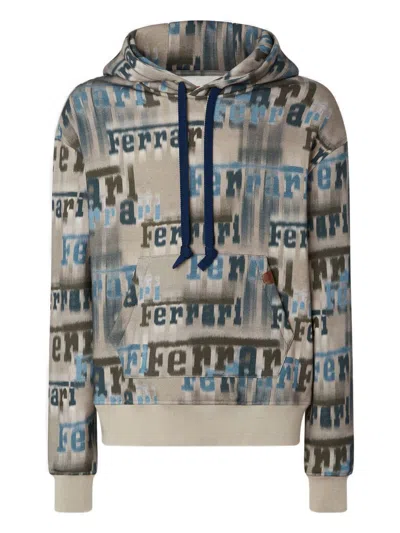 Ferrari Beige Hooded Sweatshirt With All-over Logo Print And Pouch Pocket In Multi
