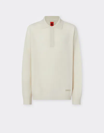 Ferrari Merino Wool Long-sleeved Polo Shirt In Ivory