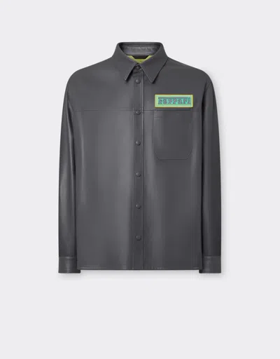 Ferrari Miami Collection Overshirt Jacket In Nappa Leather In Dark Grey