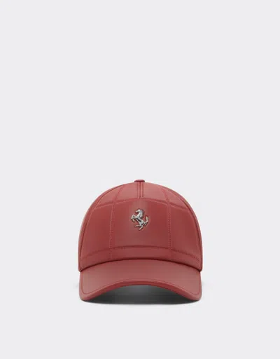 Ferrari Nappa Leather Baseball Cap With Prancing Horse In Red