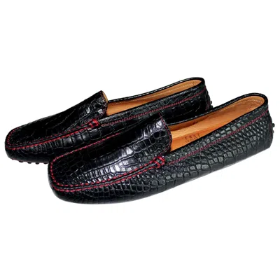Pre-owned Ferrari New Tod's For  Black Gommino Moccasins Loafers Alligator Crocodile 10