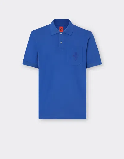 Ferrari Piqué Cotton Polo Shirt With Prancing Horse Detail In Antique Blue