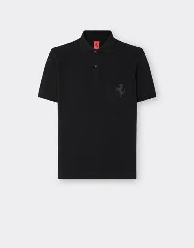 Ferrari Piqué Cotton Polo Shirt With Prancing Horse Detail In Black