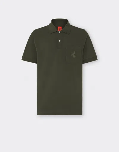 Ferrari Piqué Cotton Polo Shirt With Prancing Horse Detail In Military