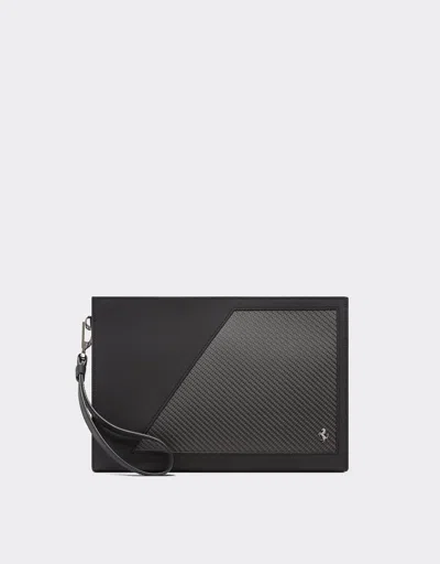 Ferrari Pouch In Leather And Carbon Fibre In Black