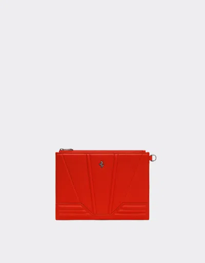 Ferrari Pouch In Textured Leather With 3d Motif In Rosso Dino