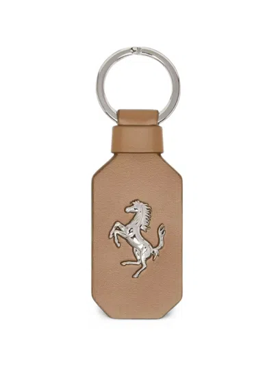 Ferrari Leather Keyring With Prancing Horse In Brown