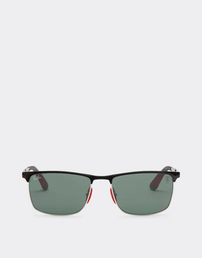 Ferrari Ray-ban For Scuderia  Rb3726mf Black And Silver With Dark Green Lenses