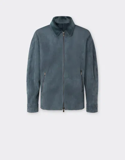 Ferrari Shearling Overshirt Jacket In Blue