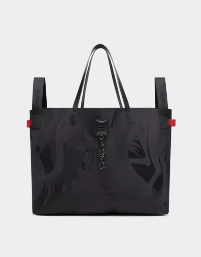 Ferrari Shopper Bag In Camouflage Prancing Horse Nylon Fabric In Black