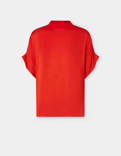 Ferrari Silk T-shirt With Contrast High Collar In Rosso Dino