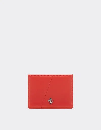 Ferrari Smooth Leather Card Holder In Rosso Dino
