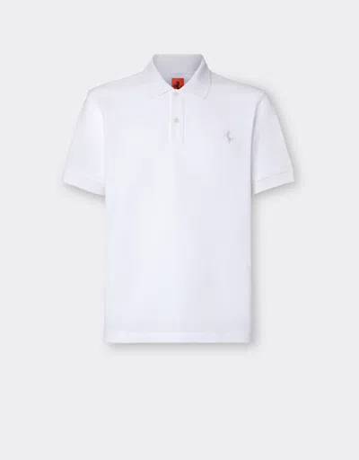 Ferrari Organic Cotton Piqué Polo Shirt With Prancing Horse In Optical White