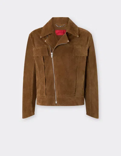 Ferrari Suede Biker Jacket With Prancing Horse In Brown