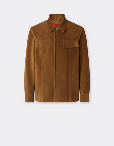 Ferrari Suede Overshirt With Writing Effect In Brown