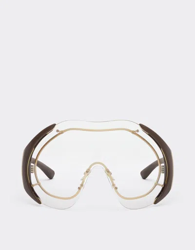 Ferrari Sunglasses In Gold-tone Metal And Brown Leather With Transparent Shield In Beige