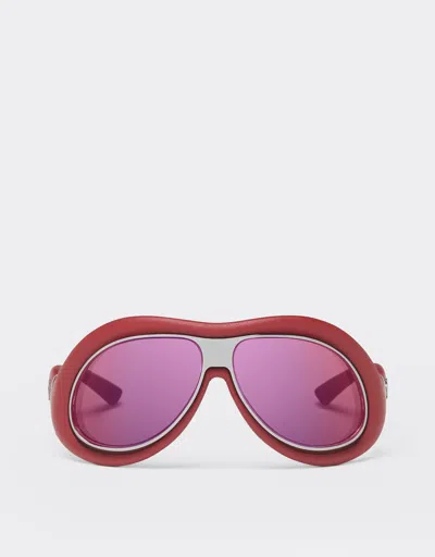 Ferrari Sunglasses In Red Leather And Gunmetal Grey Metal With Gold Rose Mirror Lenses