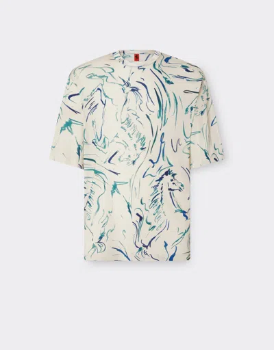 Ferrari T-shirt In Viscose Fabric With Cavallino Print In Ecru