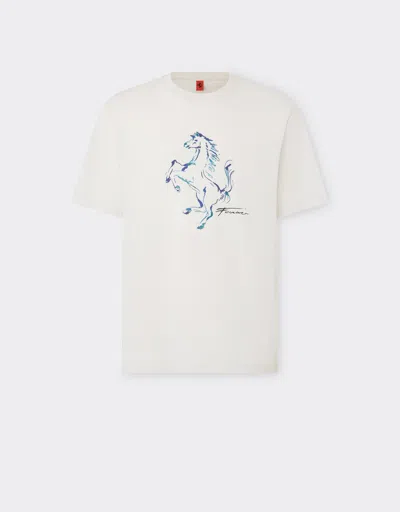 Ferrari T-shirt With Prancing Horse Graphic In Ecru