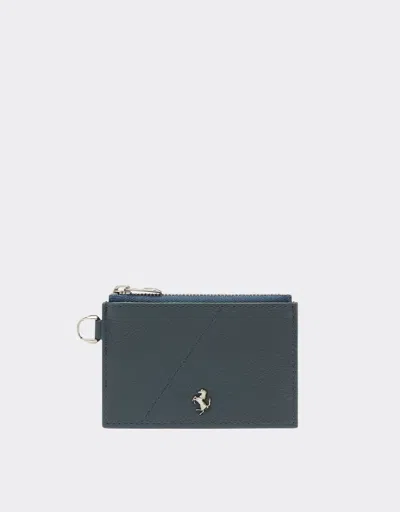 Ferrari Textured Leather Card Holder With Zip In Navy