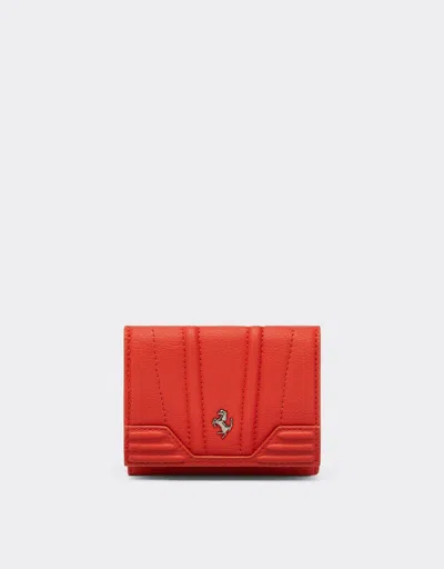 Ferrari Tri-fold Wallet In Textured Leather In Rosso Dino