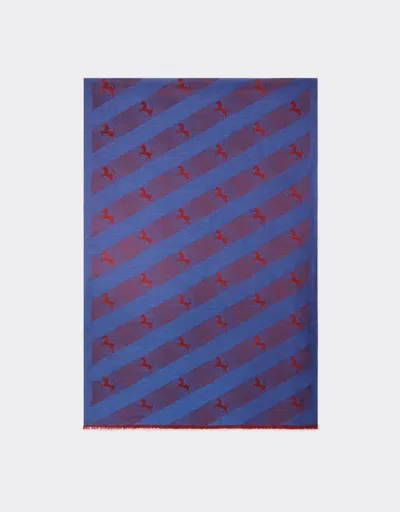 Ferrari Wool And Silk Scarf With Prancing Horse Motif In Antique Blue