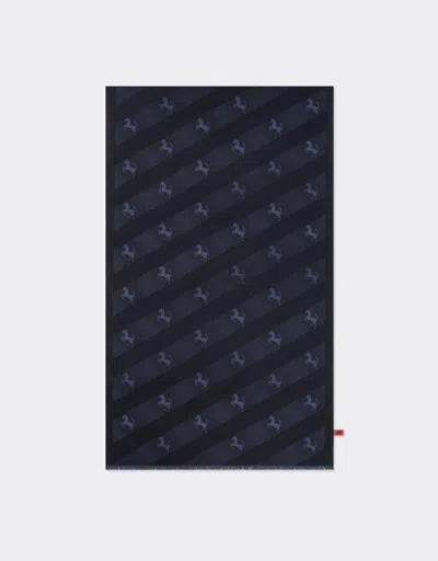 Ferrari Wool And Silk Scarf With Prancing Horse Motif In Navy