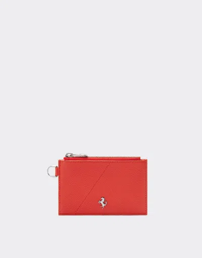 Ferrari Zip Card Holder In Textured Leather In Red