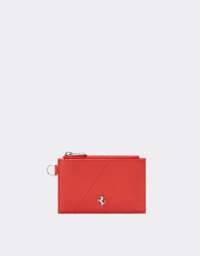 Ferrari Zip Card Holder In Textured Leather In Rosso Dino