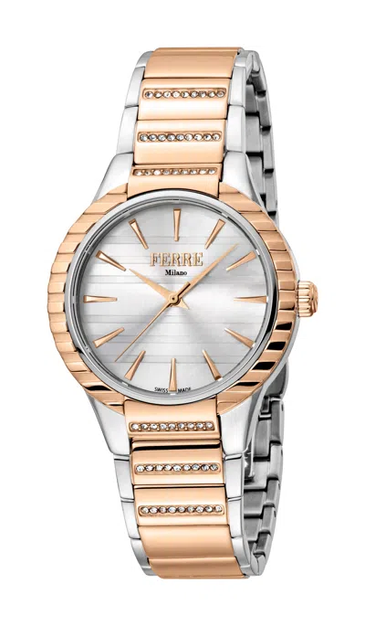 Ferre Milano Ladies Silver Dial Ss Mb.middle Links In Rg. Watch In Multi