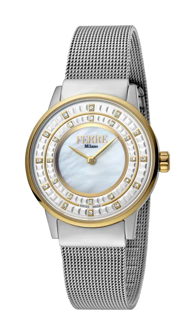 Ferre Milano Ladies Silver Dial Ss Mesh / Gp Watch In Gold Tone / Silver