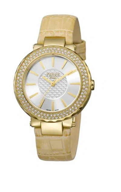 Pre-owned Ferre Milano Women's Fm1l058l0021 Gold Ip Steel Ivory Leather Wristwatch