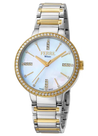 Ferre Milano White Mother Of Pearl Dial Ladies Watch Fm1l084m0101 In Two Tone  / Gold Tone / Mother Of Pearl / White