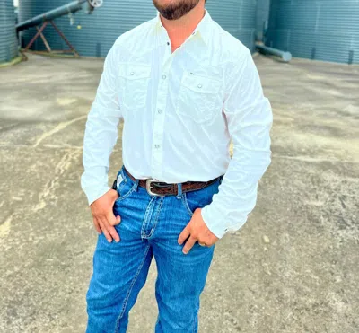 Ferrell Core Pearl Snap Long Sleeve Shirt In White In Blue